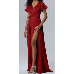 AW BRIDAL SZ 8 M red deep claret satin Roseanne wrap formal maxi dress NEW B165